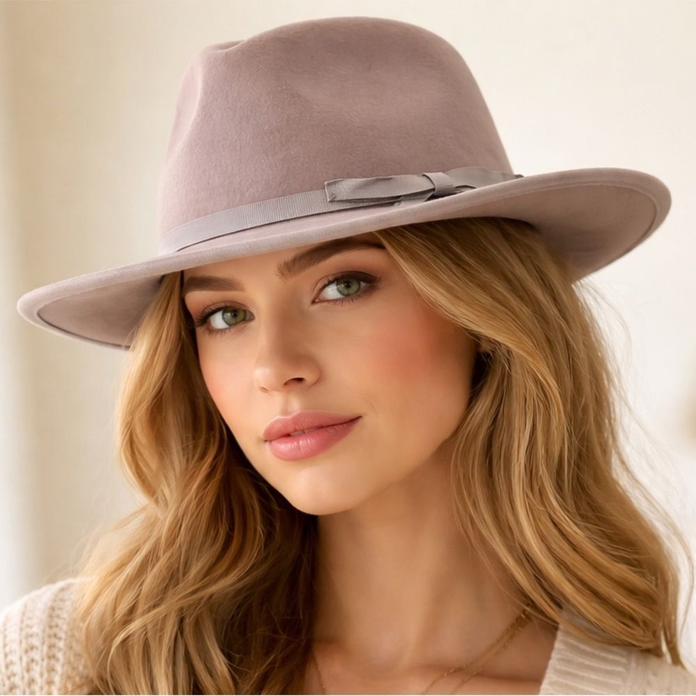 NWT Anthropologie Taupe Wool Fedora Hat Grosgrain Band Wide Brim One Size Womens